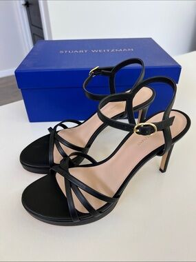Stuart Weitzman starla 80 platform open toe sandals black leather heels 10